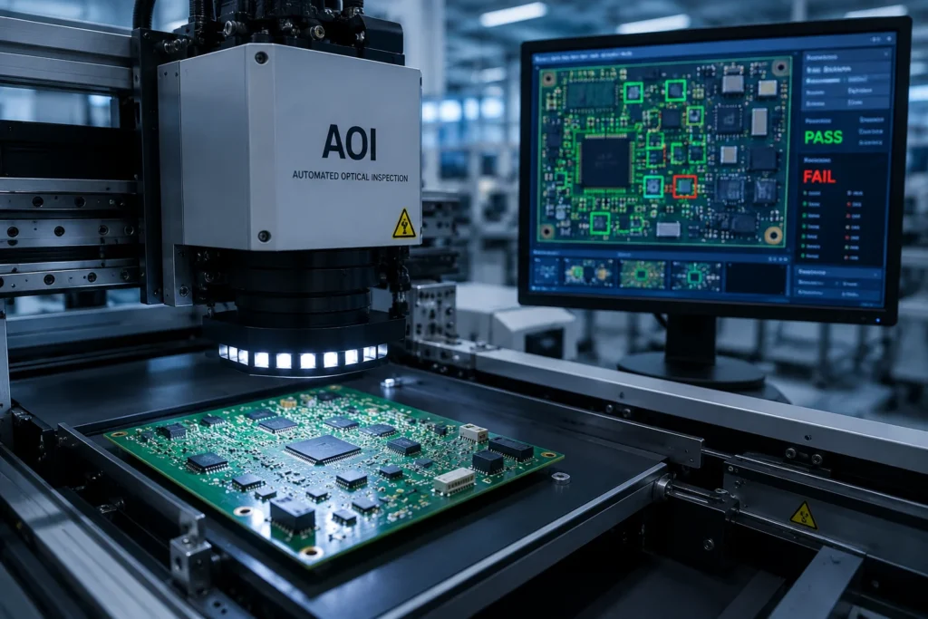 Automated Optical Inspection (AOI) machine inspecting a populated green PCB in a modern electronics manufacturing facility, with a monitor displaying component inspection results and pass/fail indicators.