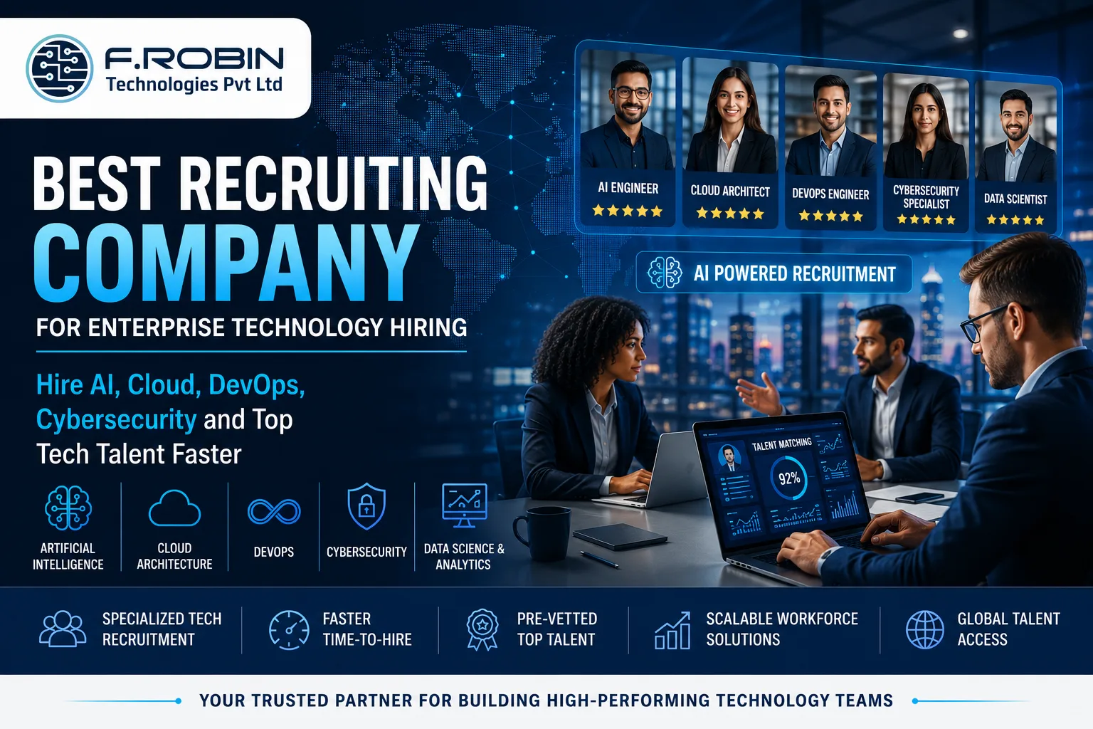 Best recruiting company banner by F.ROBIN Technologies Pvt Ltd showcasing AI, cloud, DevOps, cybersecurity, and enterprise technology hiring solutions.