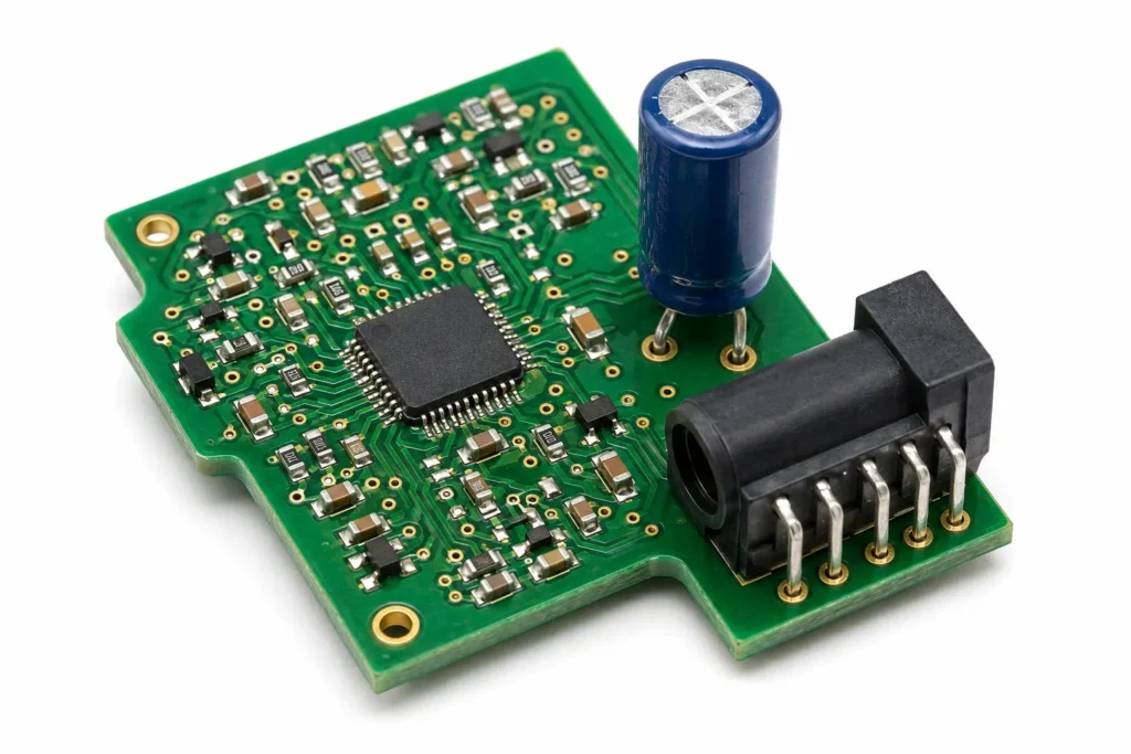 Close-up view of a green mixed-technology PCB featuring SMT resistors, capacitors, an IC chip, a blue through-hole electrolytic capacitor, and a right-angle connector on a white background.