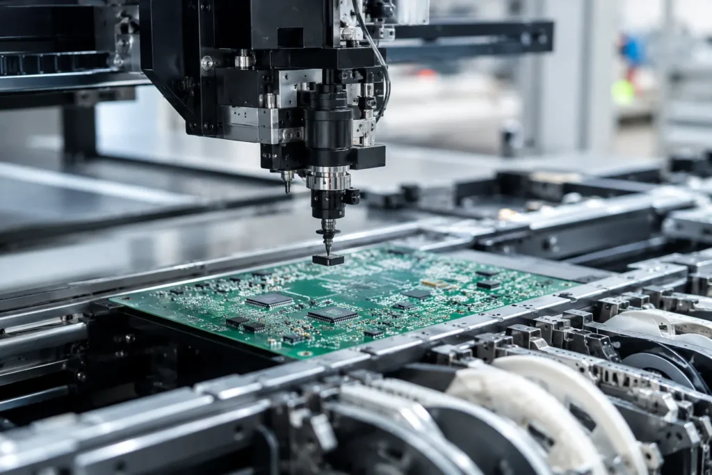 SMT pick-and-place machine precisely placing a small IC component onto a green PCB with solder paste in a modern electronics manufacturing facility.