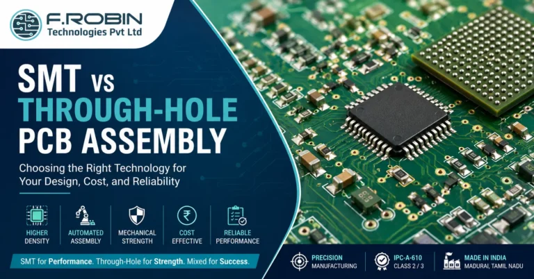 Professional SMT vs Through-Hole PCB Assembly banner featuring a macro PCB close-up, electronic components, and F.ROBIN Technologies logo.