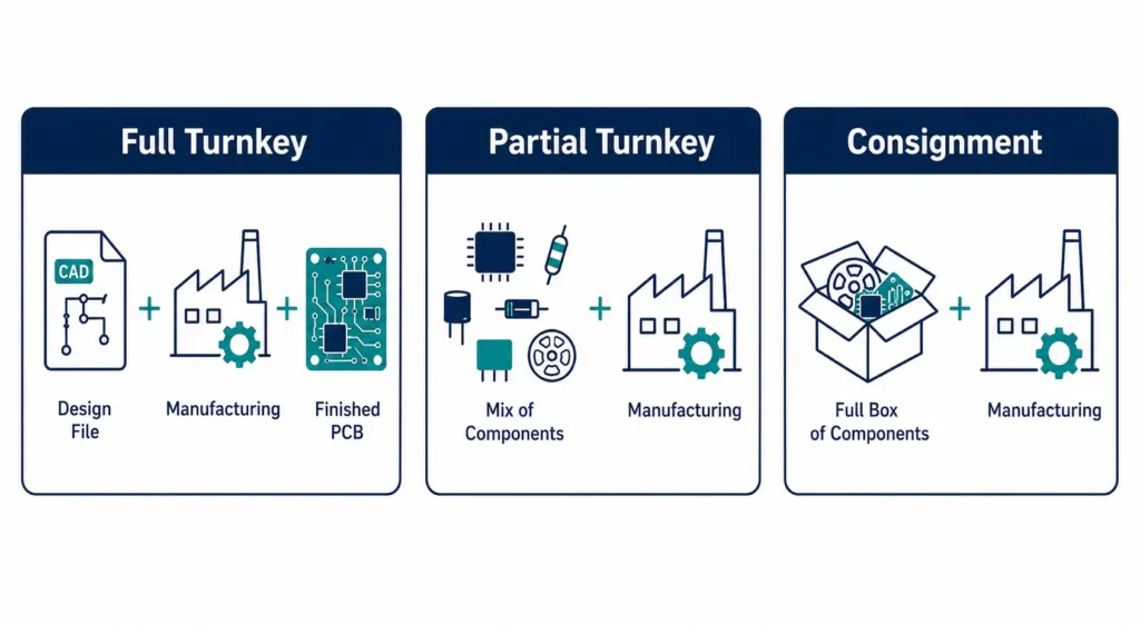 Infographic comparing Full Turnkey, Partial Turnkey, and Consignment PCB assembly services using simple factory, components, design file, and PCB icons in a navy blue and teal flat illustration style.