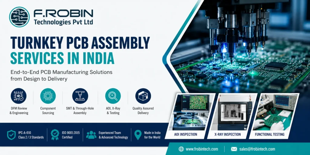Professional banner design for F.ROBIN Technologies Pvt Ltd showcasing turnkey PCB assembly services in India, featuring SMT manufacturing equipment, PCB inspection visuals, AOI and X-ray testing highlights, and electronics manufacturing icons in a modern blue and teal corporate layout.