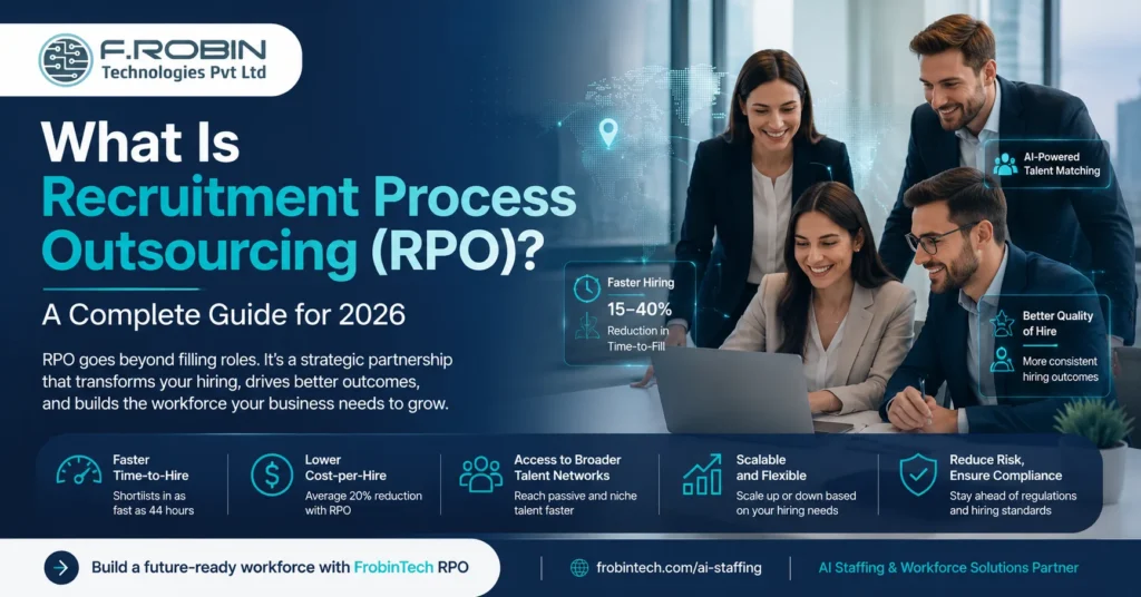 RPO recruitment banner with business team, AI hiring solutions, workforce strategy, and Frobin Technologies logo.