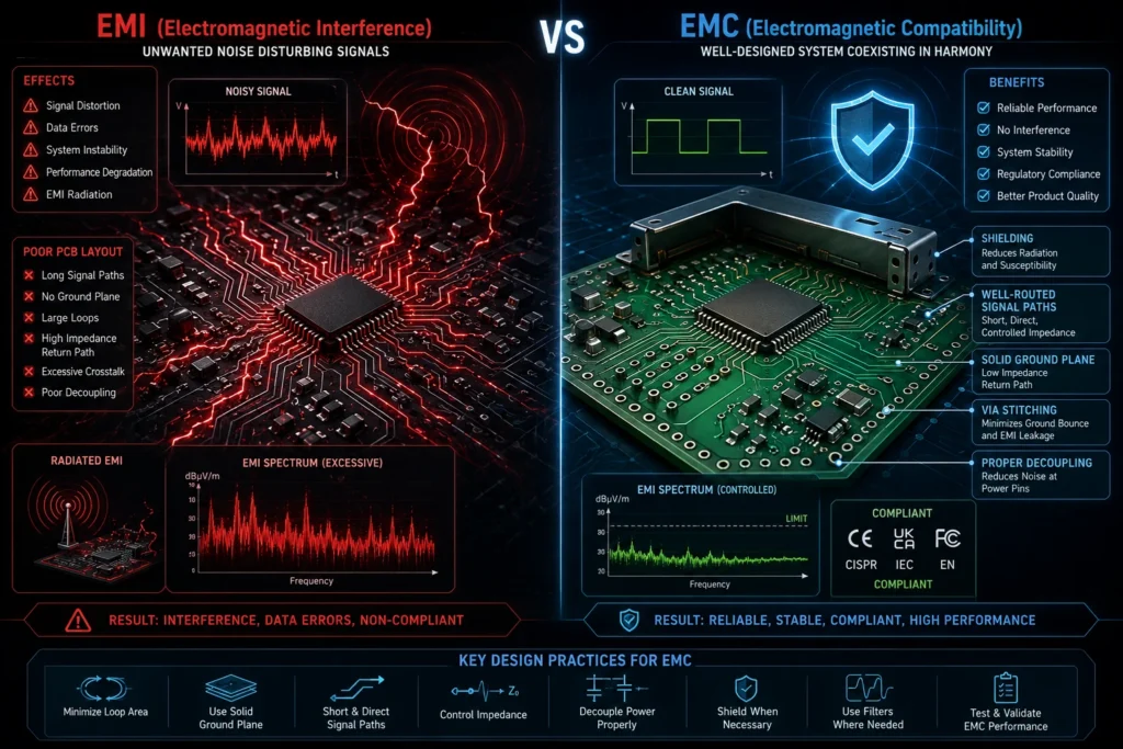 Difference between EMI and EMC in PCB design and electronics