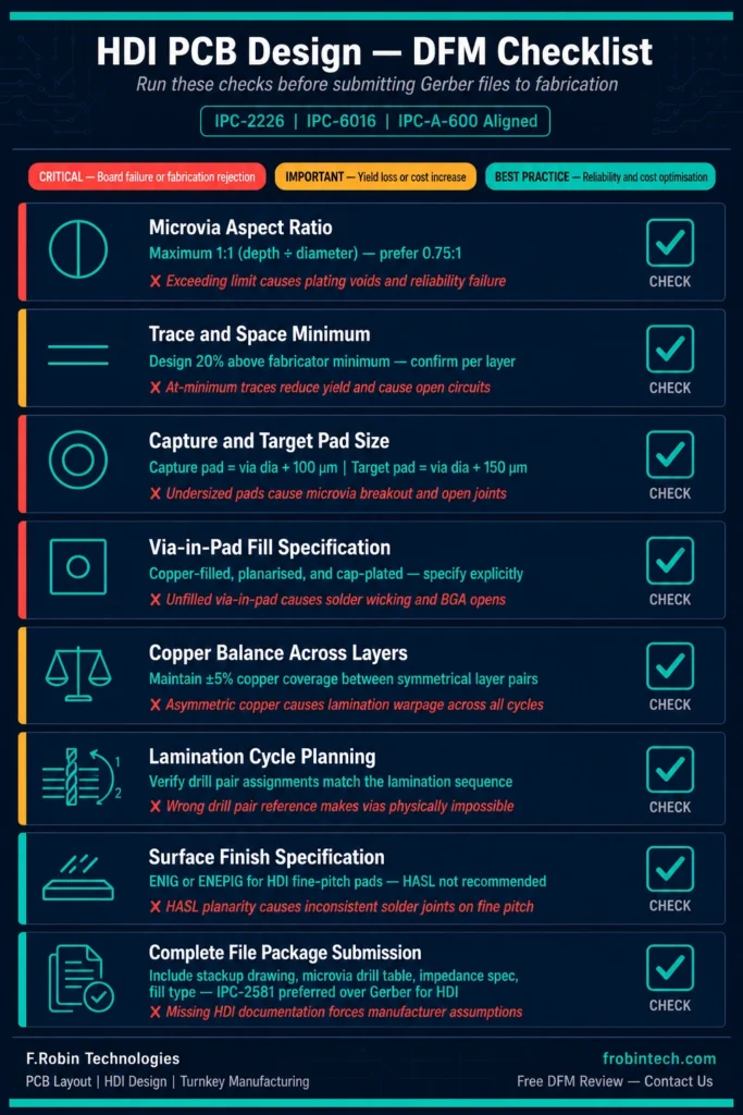  HDI PCB design DFM checklist infographic showing microvia aspect ratio, trace space, pad size, copper balance, and lamination rules