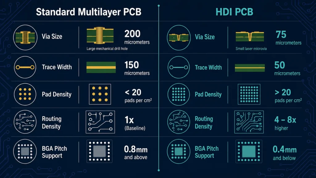 HDI PCB vs standard multilayer PCB comparison showing via size, trace width, pad density, layer count, and routing density differences