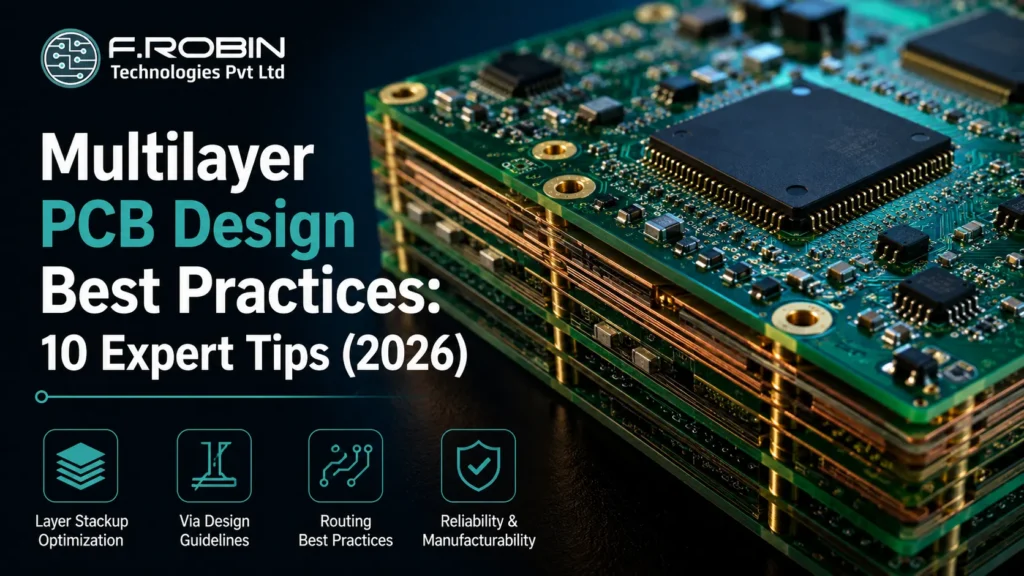 Multilayer PCB design best practices close-up cross-section of a multilayer printed circuit board showing copper trace layers, BGA components, and ENIG gold pads
