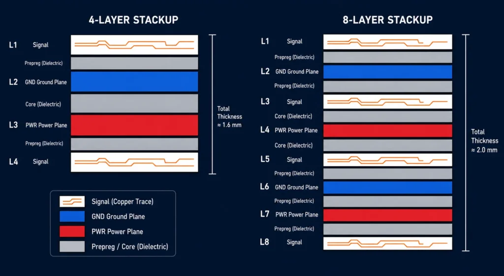 Multilayer PCB design best practices   4-layer and 8-layer stackup diagram showing signal, ground, and power plane arrangement