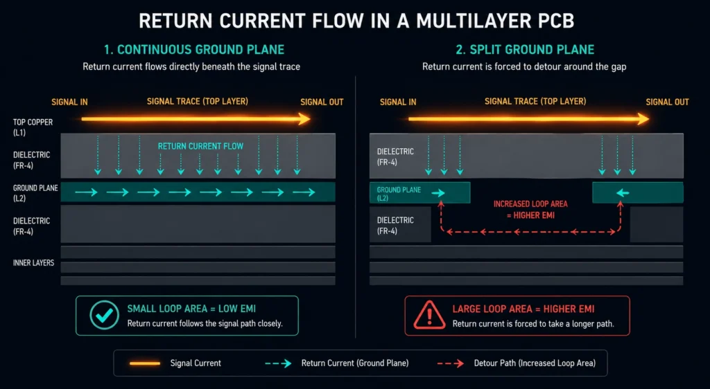 Return current path in multilayer PCB design showing how a solid ground plane reduces EMI and signal loop area compared to a split ground plane with a large looping return current