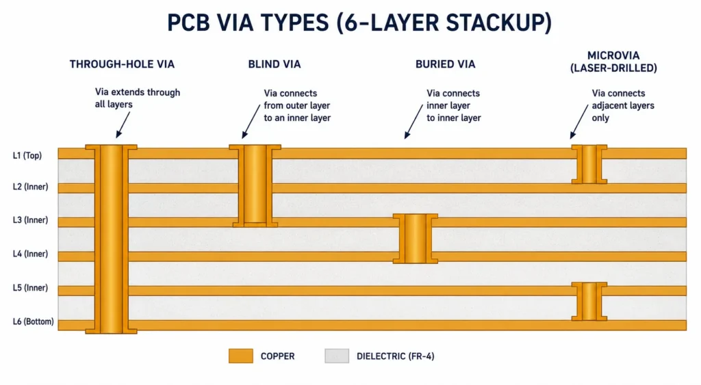 
Via types in multilayer PCB design — through-hole, blind, buried, and micro via compared side by side in a 6-layer PCB cross-section for routing density and signal integrity