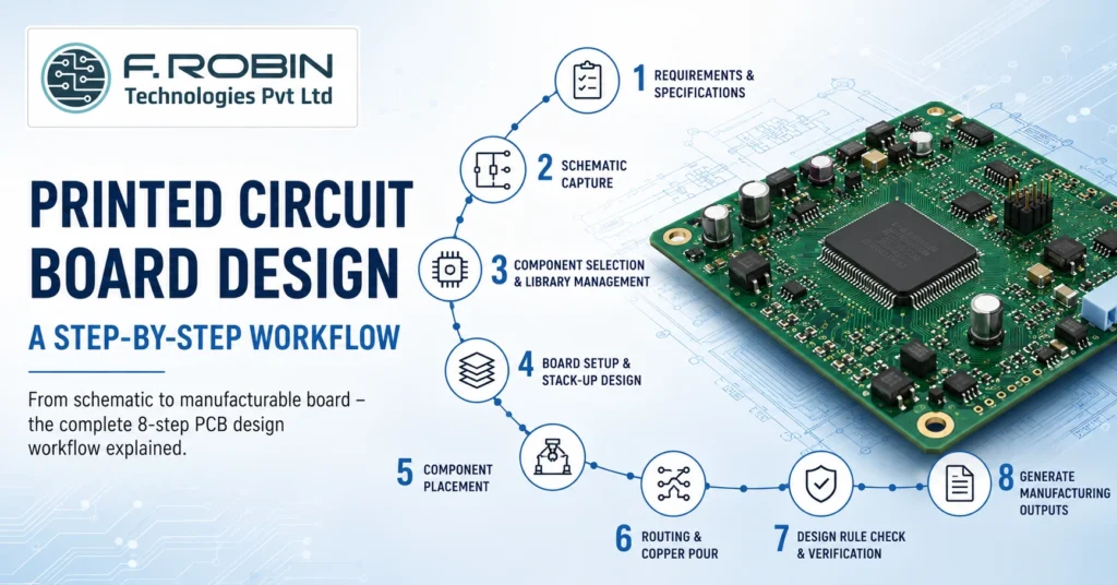 Printed Circuit Board Design workflow showing 8-step PCB layout process with PCB board and F. Robin logo